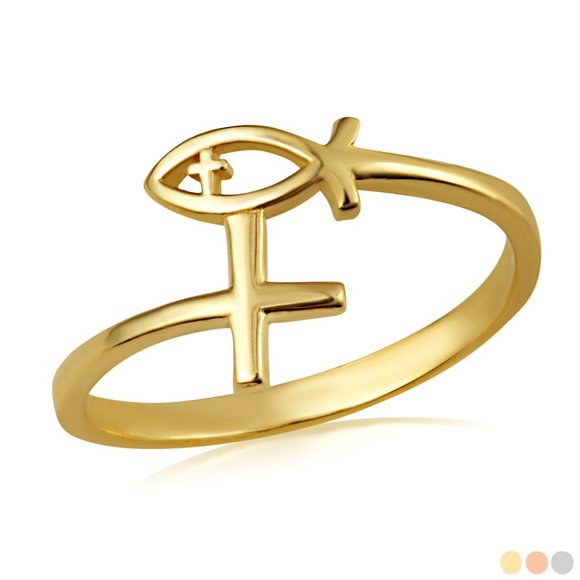14k Solid Gold Christian Ichthys Jesus Fish Cross Wraparound Band Ring Size 4-12